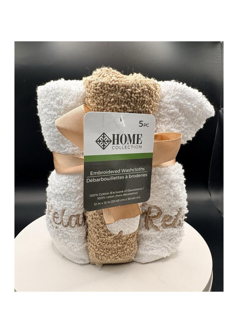 EMBROIDERED 100% Cotton Washcloths White Beige 5pc Set 12x12in Set of 5